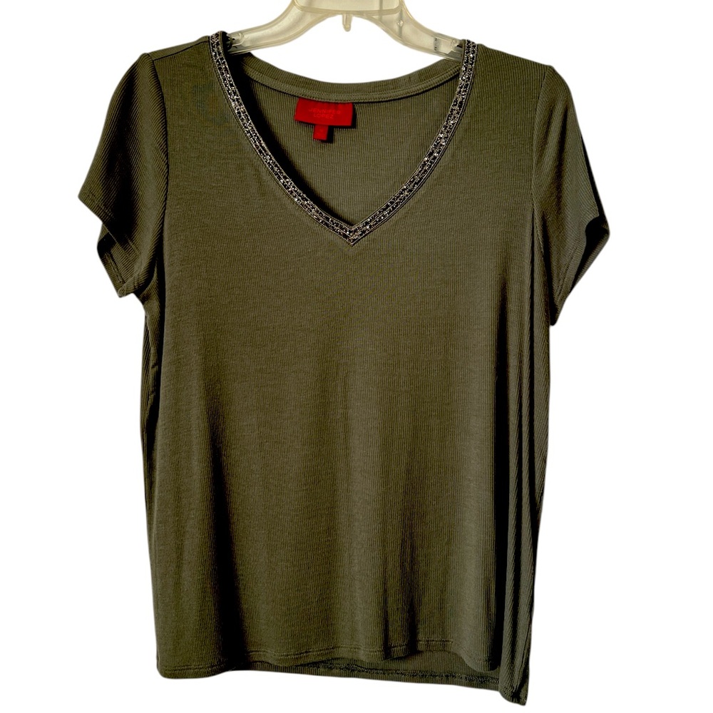Women's Olive Green V-Neck Top